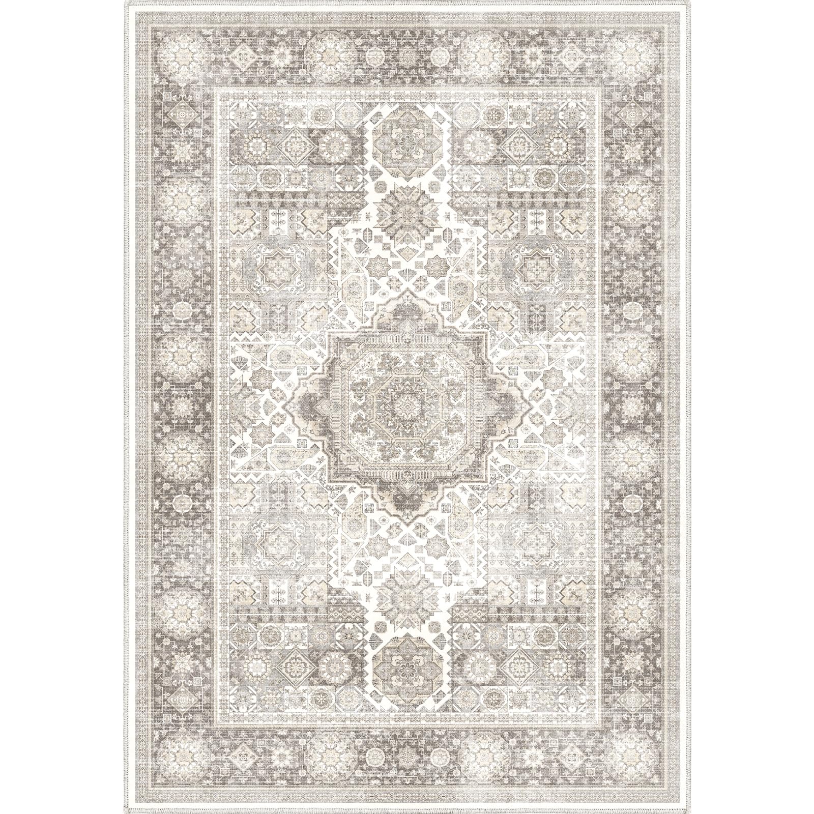 8x10 Rug Cream & Grey Foldable Area Rugs Distressed Pattern Carpet