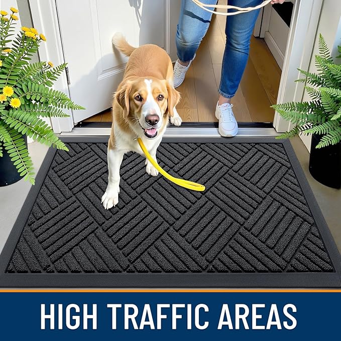 OLANLY Front Door Mat Outside Entrance 59x23, Absorbent, Heavy Duty Sturdy Natural Rubber Doormat Indoor Outdoor, Stain and Fade Resistant, Non-Slip Low Profile Floor Mat for Entryway, Black Diamond