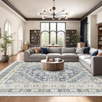 Washable Rugs 8x10 Area Rugs for Living Room, Non-Slip Backing Large Rug for Nursery Room, Vintage Floral Bedroom Rugs, Thin Indoor Home Decor Soft Farmhouse Rug (Blue/Beige,8'x10')