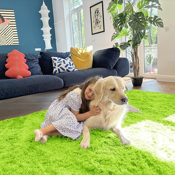 OLANLY 2x8 Machine Washable Runner Rugs for Hallway, Soft Fluffy Shaggy Bedside Rugs for Bedroom, Living Room, Indoor Floor Carpet for Kids Girls and Boys, Home Decor Aesthetic, Lime Green
