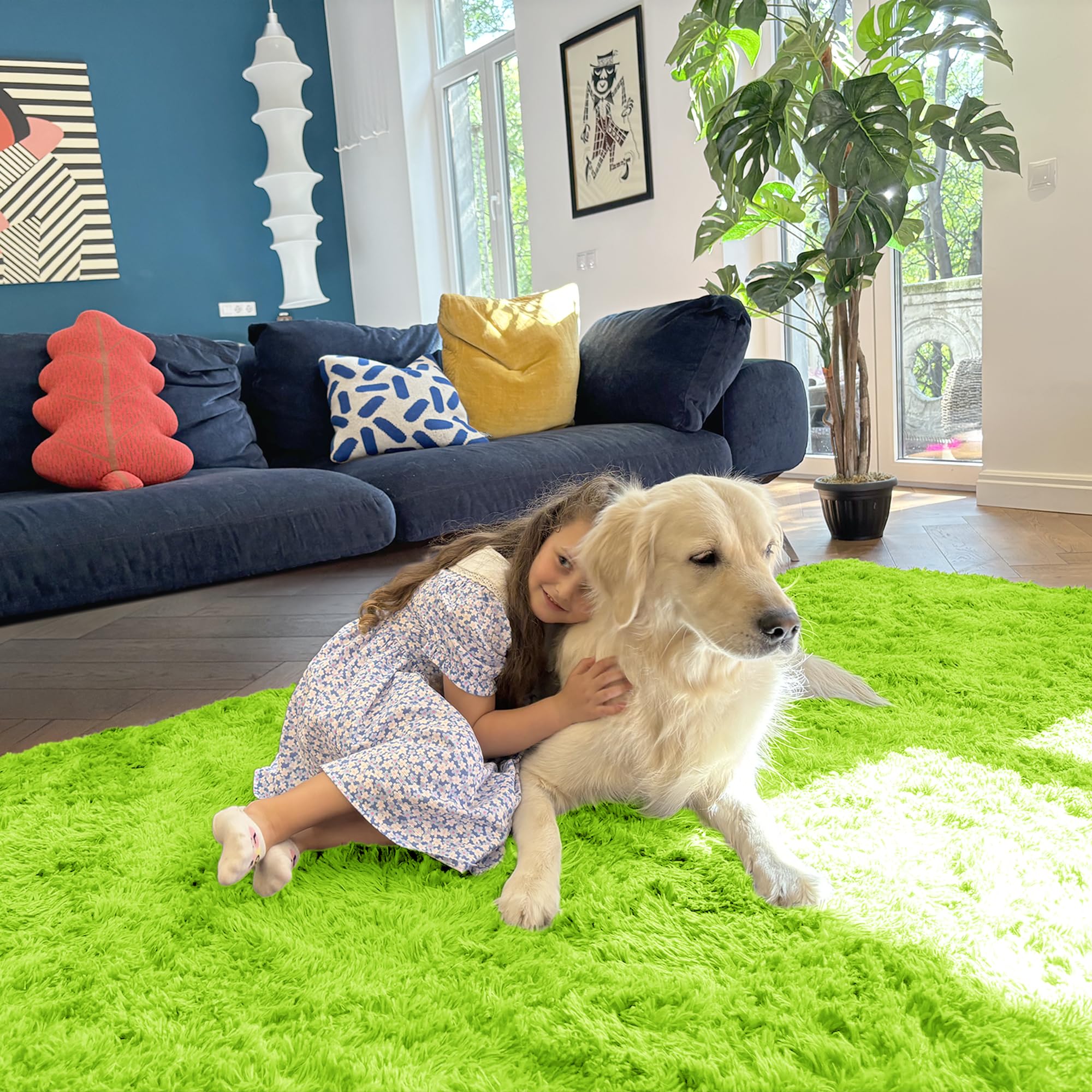 OLANLY 3x5 Machine Washable Small Bedside Rug, Soft Fluffy Shaggy Rugs for Living Room, Bedroom, Indoor Floor Carpet for Kids Girls and Boys, Preppy Dorms, Nursery, Home Decor Aesthetic, Lime Green