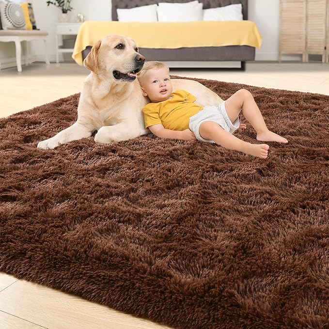 Tepook 5x8 Brown Area Rugs for Living Room Bedroom, Soft Fluffy Plush Shaggy Girls Boys Kids Room Rug, Shag Upgrade Non-Slip Throw Carpet for Dorms Nursery Classroom Home Decor
