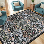 6x9 Area Rugs for Living Room: Floral Washable Rug Vintage Large Soft Boho Non-Slip Carpet Indoor Stain Resistant Thin Carpets for Bedroom Dining Room Farmhouse Nursery Hallway Home Office Dark Black