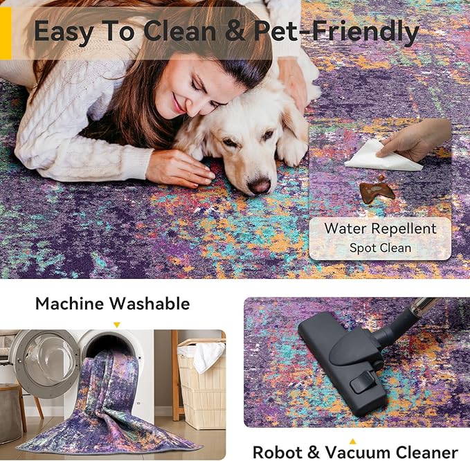 RELEANY Washable 5'x7' Abstract Area Rug for Living Room Purple Multi
