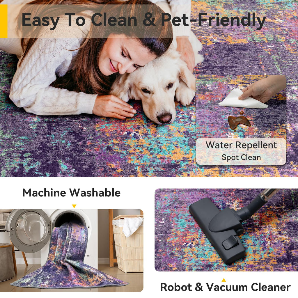 RELEANY Washable 2'x3' Abstract Area Rug for Living Room Purple Multi