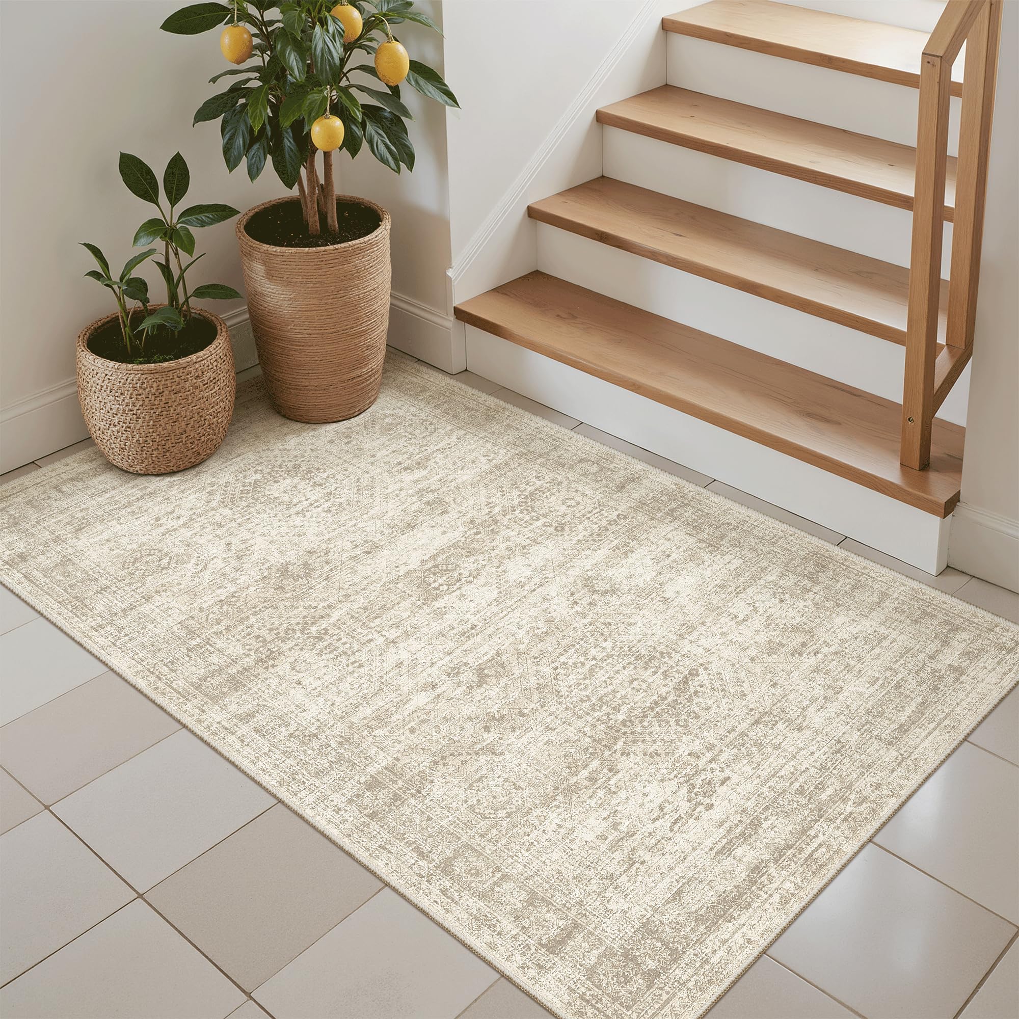Soalmost 3x4 Rugs Non-Slip, Small Washable Kitchen Entryway Area Rug Beige
