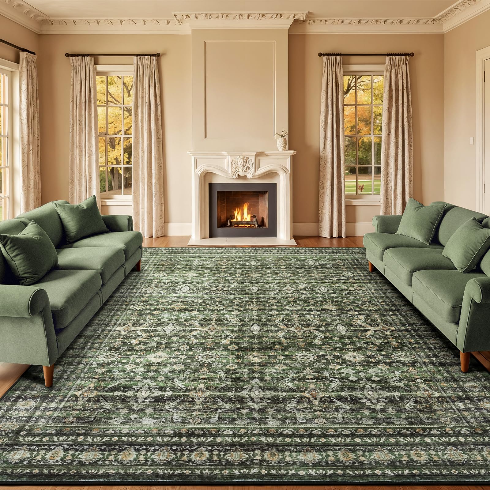 9x12 Area Rugs for Living Room, Green Washable Non-Slip Large Carpet