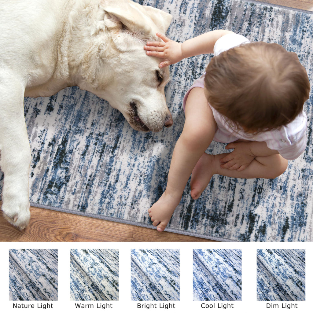 Lansny Modern Abstract Runner Rug 2x12, Grey Blue White Washable Long Kitchen Runner Non-Slip Soft Hallway Rug Runner Thin Print Faux Wool Carpet for Entryway Bedroom Laundry Room Indoor Home Decor