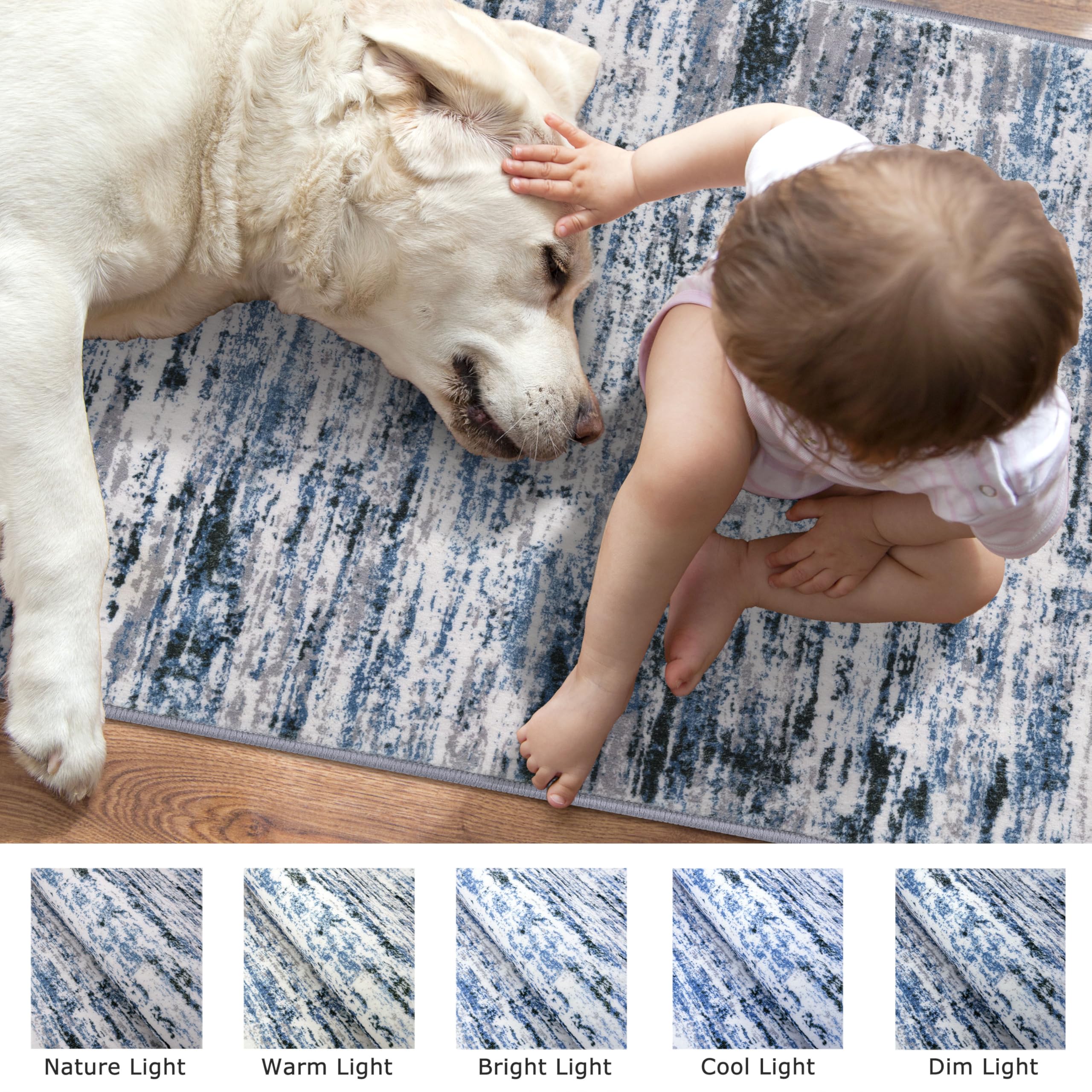 Lansny Modern Abstract Runner Rug 3x8, Grey Blue White, Washable Kitchen Runner Non-Slip Soft Hallway Rug Thin Print Faux Wool Carpet for Entryway Bedroom Laundry Room Indoor Home Office Decor