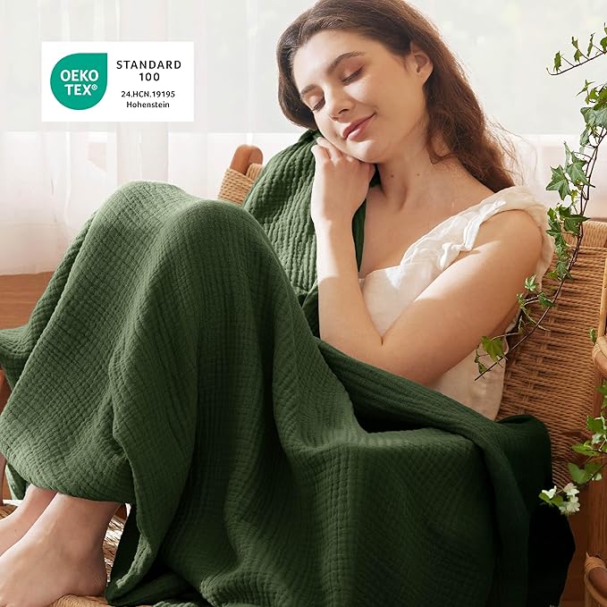 Bedsure 100% Cotton Muslin Throw Blanket Twin XL for Bed - 4-Layer Breathable and Lightweight Soft Gauze Muslin Blankets for Adults, Thin Summer Blanket for College Dorm, Olive Green, 66x90 Inches