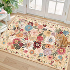 Floral Rug for Entryway, 2x3 Washable Kitchen Mat Ultra-Thin Soft, Non-Slip Indoor Door Carpet Stain Resistant Boho Small Low-Pile Throw for Bathroom Bedroom (Yellow Garden, 2 x 3)
