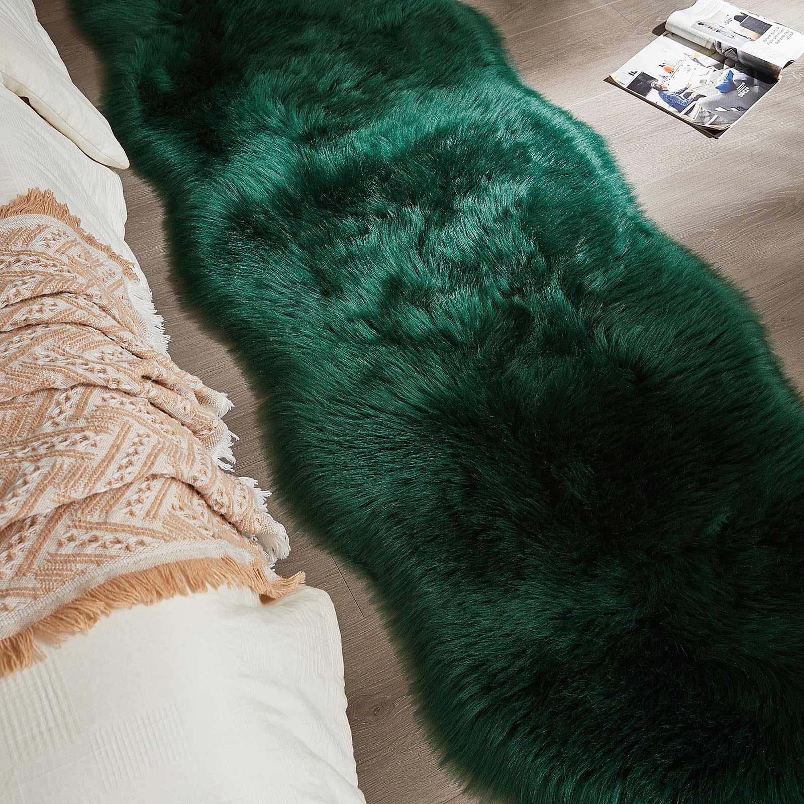 AMTOVO Faux Sheepskin Rug, Dark Green Ultra Soft Fluffy Shag Area Rug, 2 x 6 ft Faux Fur Rug for Bedroom Sofa Throw Cushion Room Decor, Sheepskin