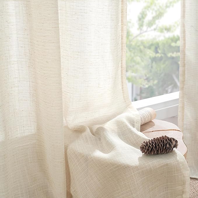 BGment Linen Kitchen Window Curtains Over Sink - 36 Inch Length Cafe Drapes Semi Sheer with Rod Pocket Light Filtering for Bathroom Small Window, Beige, 2 Panels, Each Panel 30 Inch Wide