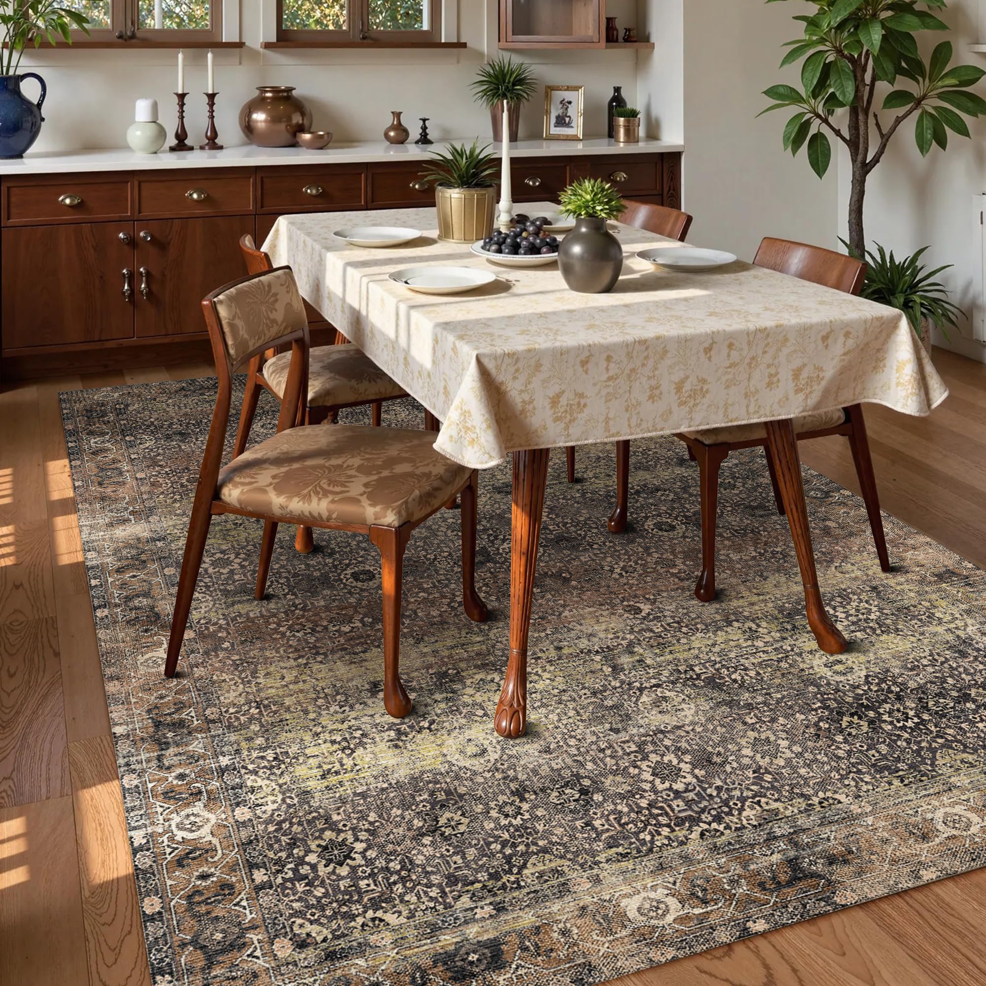 Washable Area Rug 4' x 6' Vintage Traditional Persian Mat - Foldable Distressed Non-Slip Machine Washable Carpet for Living Room Bedroom Kitchen Home Decor - Umber and Slate