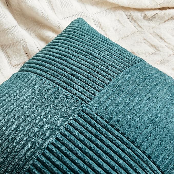 Fancy Homi 2 Packs Teal Decorative Throw Pillow Covers 22x22 Inch for Living Room Couch Bed Sofa, Rustic Farmhouse Boho Home Decor, Soft Corss Corduroy Patchwork Accent Square Cushion Case 55x55 cm
