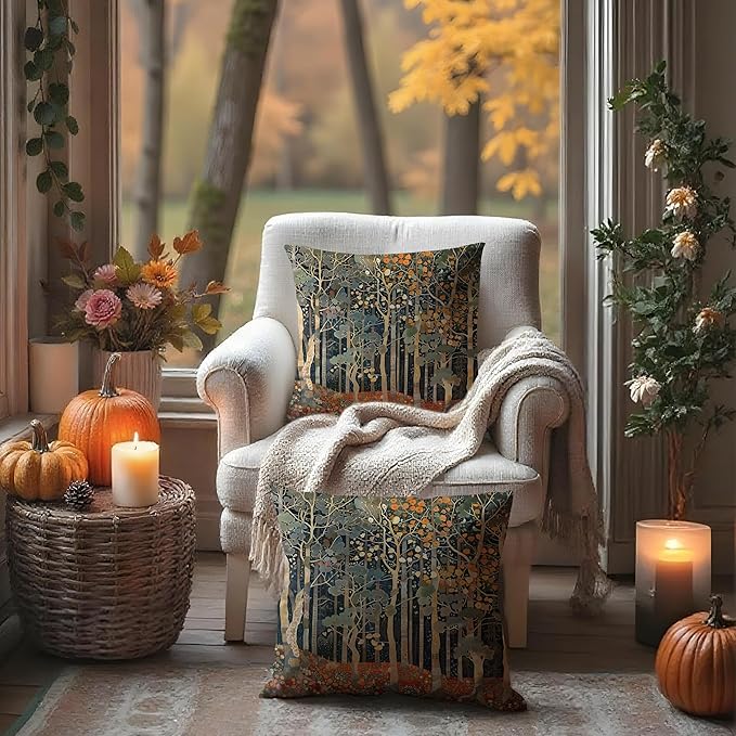 BUJSP Rustic Autumn Forest Pillow Covers 18x18 Set of 2, Fall Home Room Decor, Vintage Botanical Nature William Morris Inspired Decorative Throw Pillow Covers for Home Bedroom Living Room