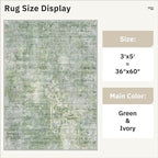 3x5 Rug, Abstract Small Area Rug for Kitchen, Entryway, Machine Washable Non-Slip Throw Rug, Vintage Carpet for Nursery Coffee Table Green Ivory