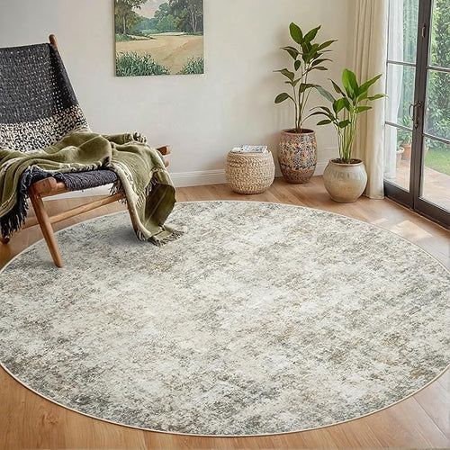 Aelenmu Round Rug 6ft Washable Rug for Dining Room Living Room Beige Grey — 6' (Round)