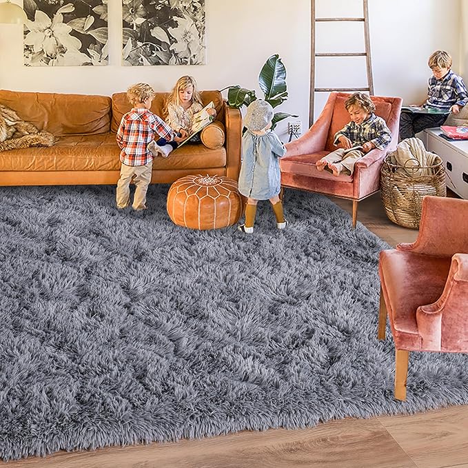 Rugs for Living Room 9x12, Soft Shaggy Modern Shag Area Rug for Bedroom, Upgrade Non-Slip Plush Fluffy Carpet for Kids Boys Girls Room Home Decor Aesthetic, Grey