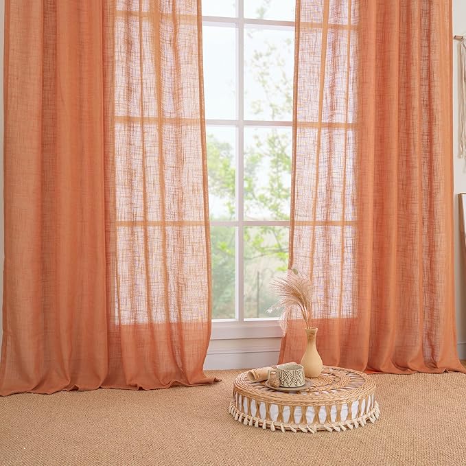 LAMIT Burnt Orange Sheer Linen Curtains, 108 inch Light Filtering Semi Sheer Panels Back Tab and Rod Pocket Fall Decor Drapes for Bedroom/Living Room, 2 Panels, 52 x 108 Inch