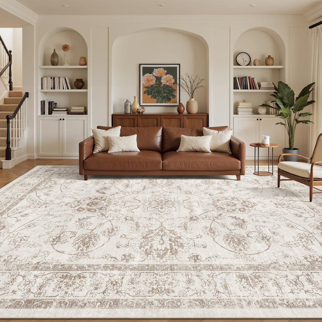 Madane 9x12 Area Rugs for Living Room, Washable Natural Rug Brown/Ivory