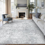 PureCozy 9x12 Area Rug Washable Vintage Living Room Carpet Large Indoor Non Slip Grey Bedroom Distressed Low Pile Retro Accent Throw Rug for Dining Room