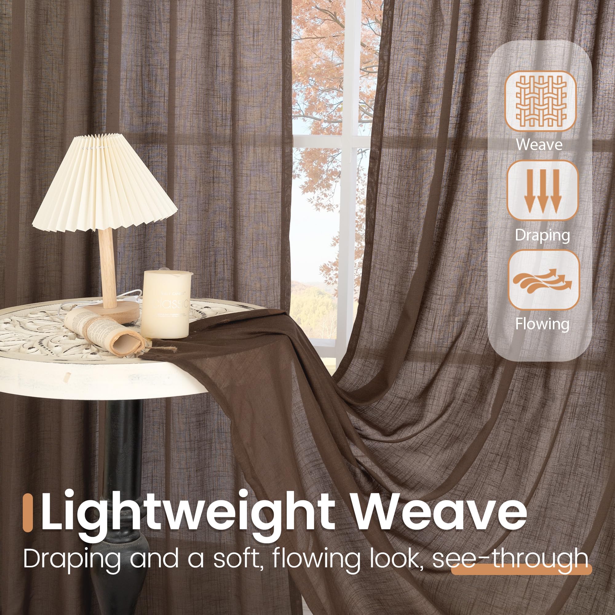 BGment Brown Linen Curtains 63 Inches Long for Bedroom Windows, Sheer Drapes Lightweight Rustic Country Textured for Farmhouse Living Room Decor Rod Pocket, 2 Panels Set, Each 42 Inch Wide