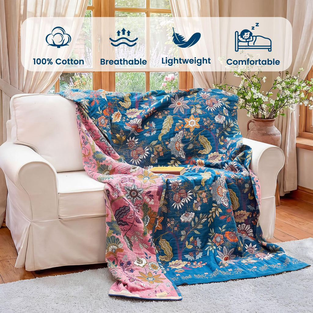 MSGKV Boho Throw Blanket 50"x60" Summer Cotton Blue Floral Throw for Couch