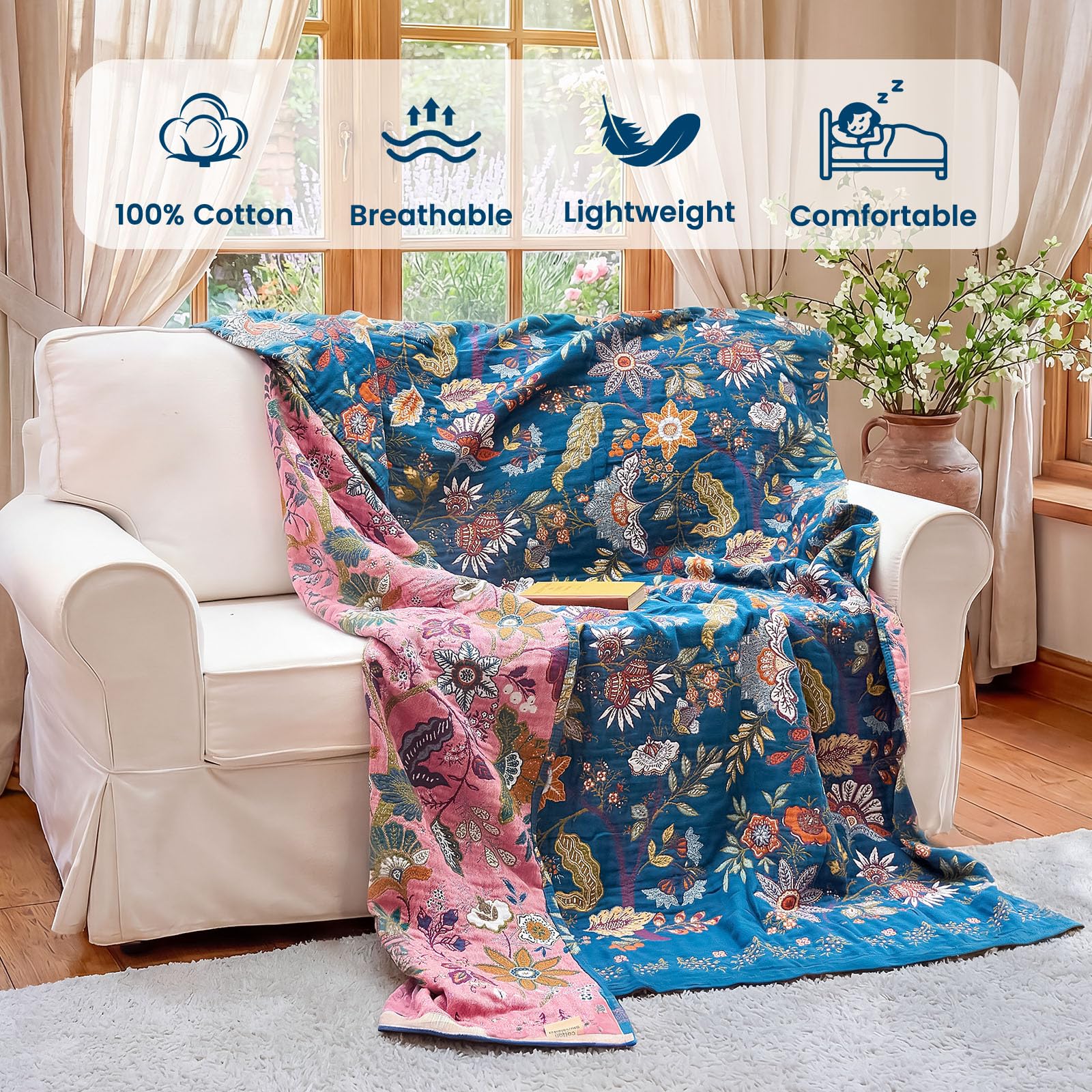 MSGKV Boho Throw Blanket 50"x60" Summer Cotton Blue Floral Throw for Couch