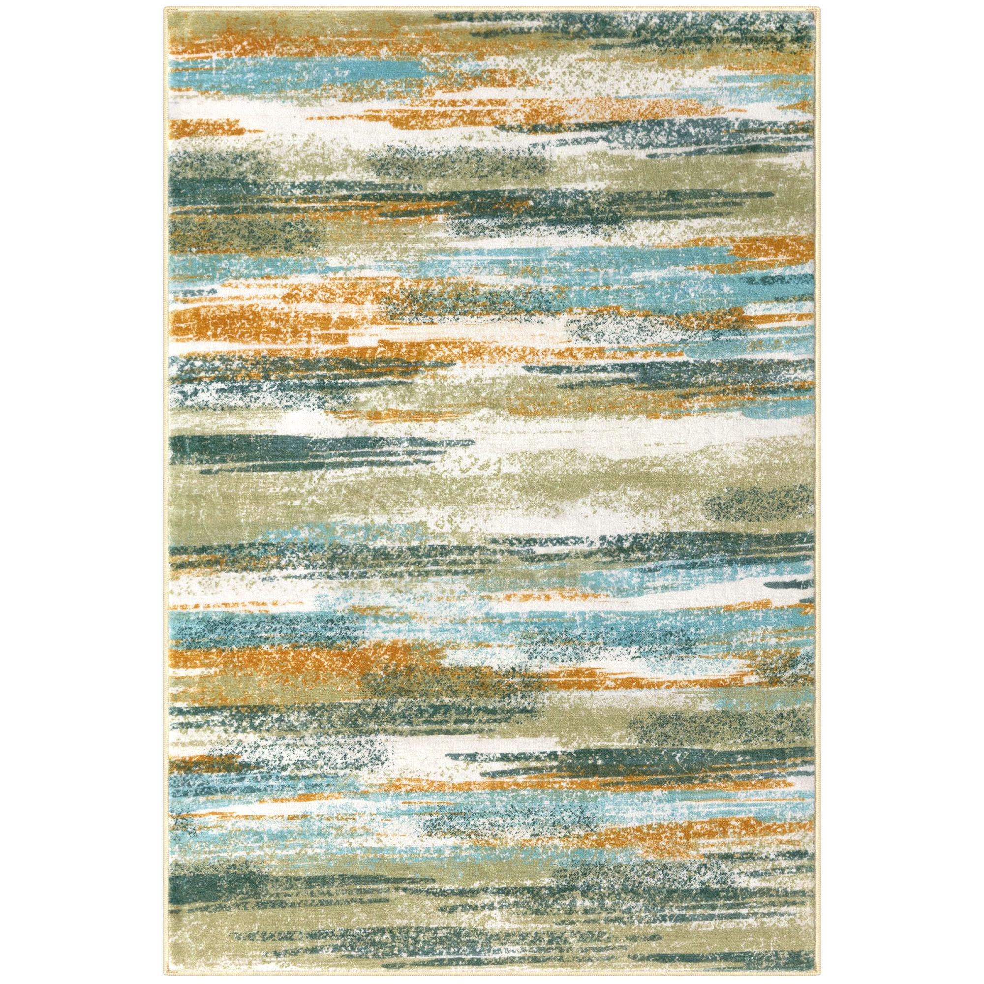 Lansny Modern Abstract Small Area Rug Indoor 3x5 Washable Rug Non-Slip Soft Entryway Rug Green Mustard Multi Kitchen Mats Thin Print Faux Wool Floor Carpet Throw Rugs for Entrance Bedroom Home Decor