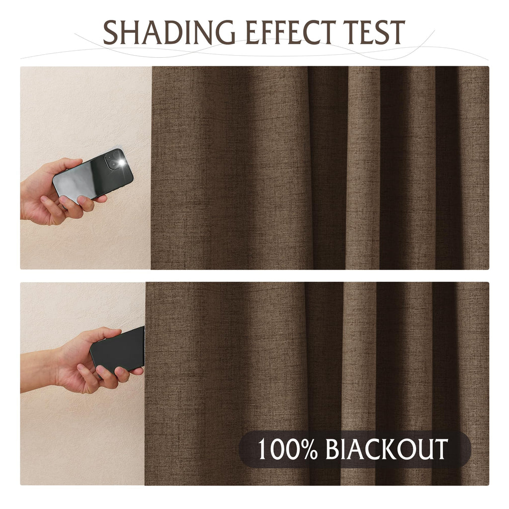 RYB HOME Brown 100% Blackout Linen Curtains 72 Inch Long for Bedroom