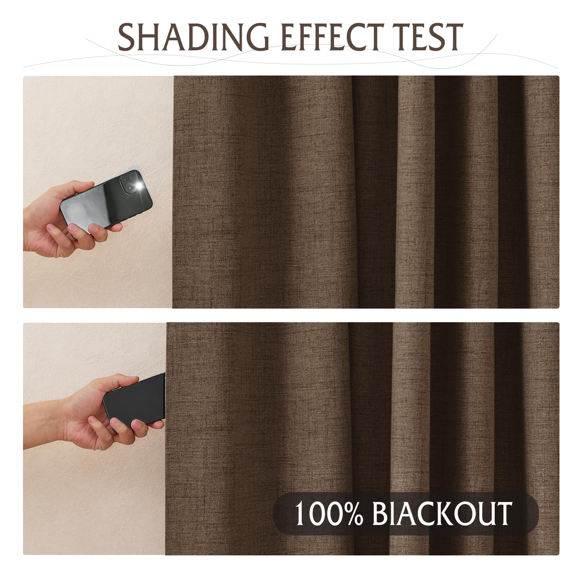 RYB HOME Brown 100% Blackout Linen Curtains 72 Inch Long for Bedroom