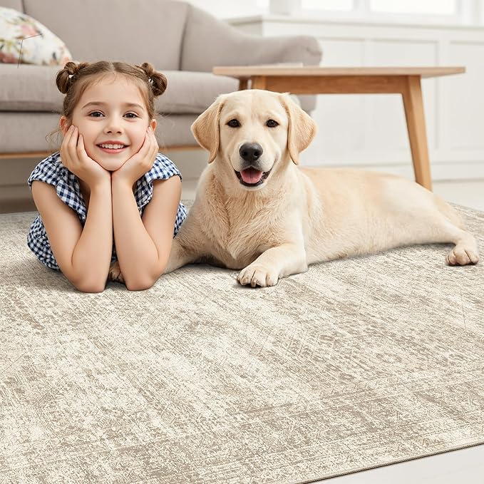 Soalmost Washable Area Rug 8x10 Large Soft Beige Rugs for Living Room
