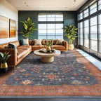 Hazo Haus Washable Navy Blue Living Room Rug, 7x10 Area Rug for Bedroom, Dining Table Rugs - Low Pile Non-Slip Rubber Backing Stain Resistant Rug - Aethestic Boho Home Decor