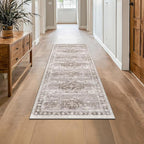 Hazo Haus Boho 2x7 Long Runner, Neutral Farmhouse Hallway Rug, Small Throw Runners for Bedroom, Bathroom, Kitchen, Vintage Floral Decor & Non-Slip Low-Pile Washable Stain Resistant, Latte Beige