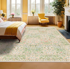 Hazo Haus Light Beige Green Floral Living Room Rug, 7x9 Washable Area Rug for Kids Room, Bedroom, Nursery Room, Living Room, Dining Room, Low Pile Non-Slip - Vintage Design & Stain Resistance