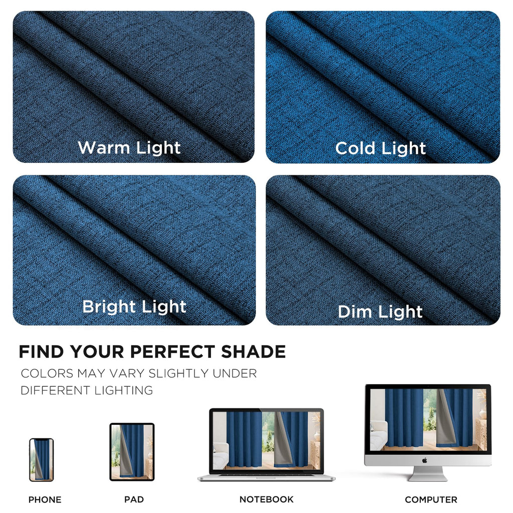 Joydeco Linen Blackout Curtains for Bedroom - 100% Light Blocking 1 Panels, Navy Blue Drapes 70" W x 108" L, Thermal Insulated Room Darkening Curtains for Living Room, Rod Pocket & Back Tabs