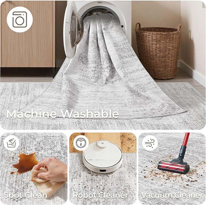 2x10 Runner Rug, Long Hallway Rugs for Dining Room, Living Room, Bedroom, Machine Washable Kitchen Carpet Runner with Rubber Backing, Soft Low Pile Indoor Rug(2'x10', Light Grey/White)