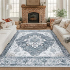 Area Rugs Square 8ft Washable Non-Slip, Floral Vintage Distress Print Pattern Medallion Carpet for Living Room Bedroom Dining Room, Light Gray Grey White