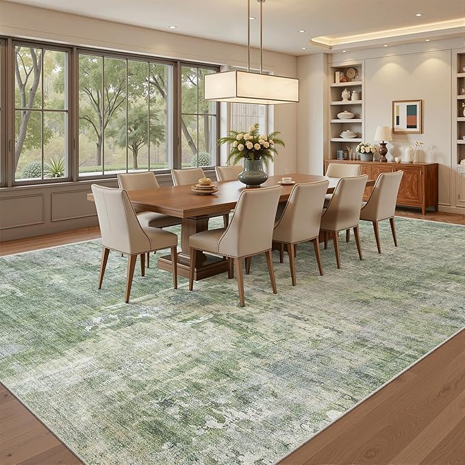Soalmost Abstract Rug 8x12 Large Living Room Area Rugs Washable Green/Ivory