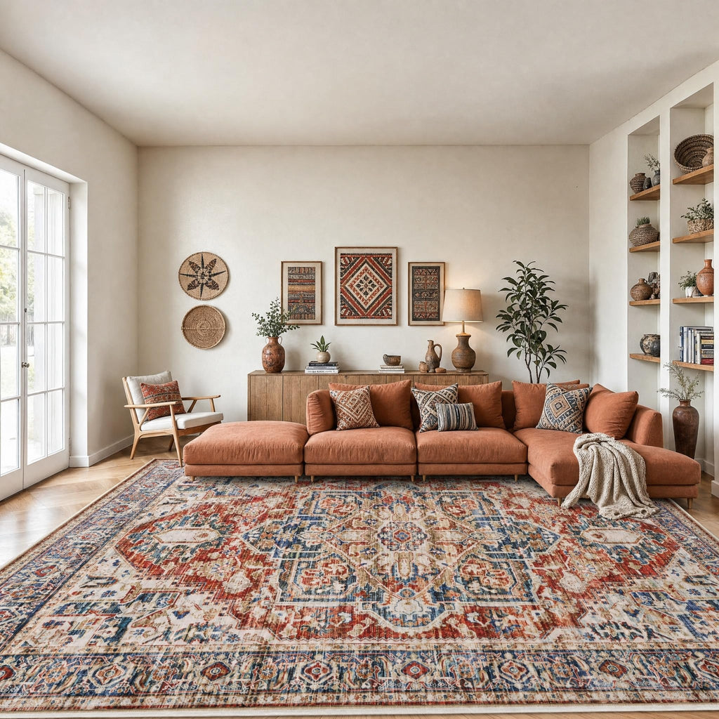 AMADA HOMEFURNISHING 9x12 Washable Area Rug, Low-Profile Large Area Rug with Non-Slip Backing & Durable Edge Binding, Vintage Large Rugs for Living Room, Bedroom & Dinning Room