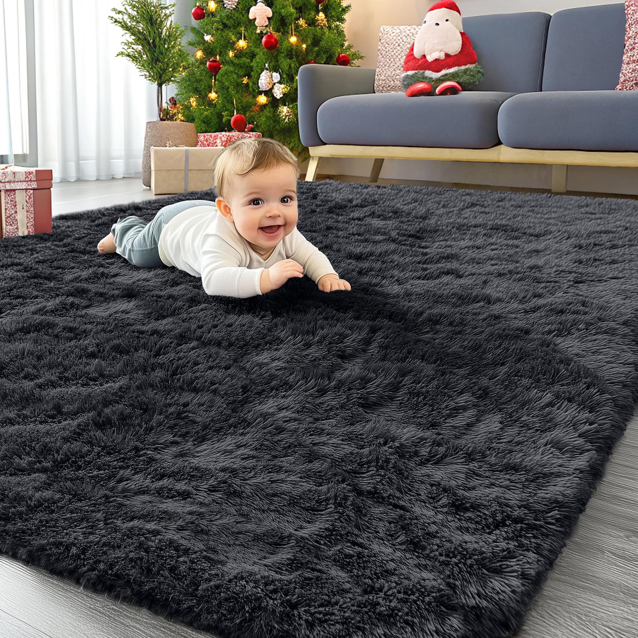 OLANLY 4x11 Area Rugs for Living Room Bedroom, Machine Washable Soft Fluffy Shaggy Bedside Rug, Indoor Floor Carpet for Kids Girls and Boys, Dorms, Nursery Rooms, Home Decor Aesthetic, Black