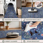 Non Slip 2x7 Dark Blue Runner Washable - Stain Resistant Long Runner Rugs for Kitchen, Entryway, Hallway, Bathroom, Bedroom Bedside - Dusky Navy Vintage Floral Décor