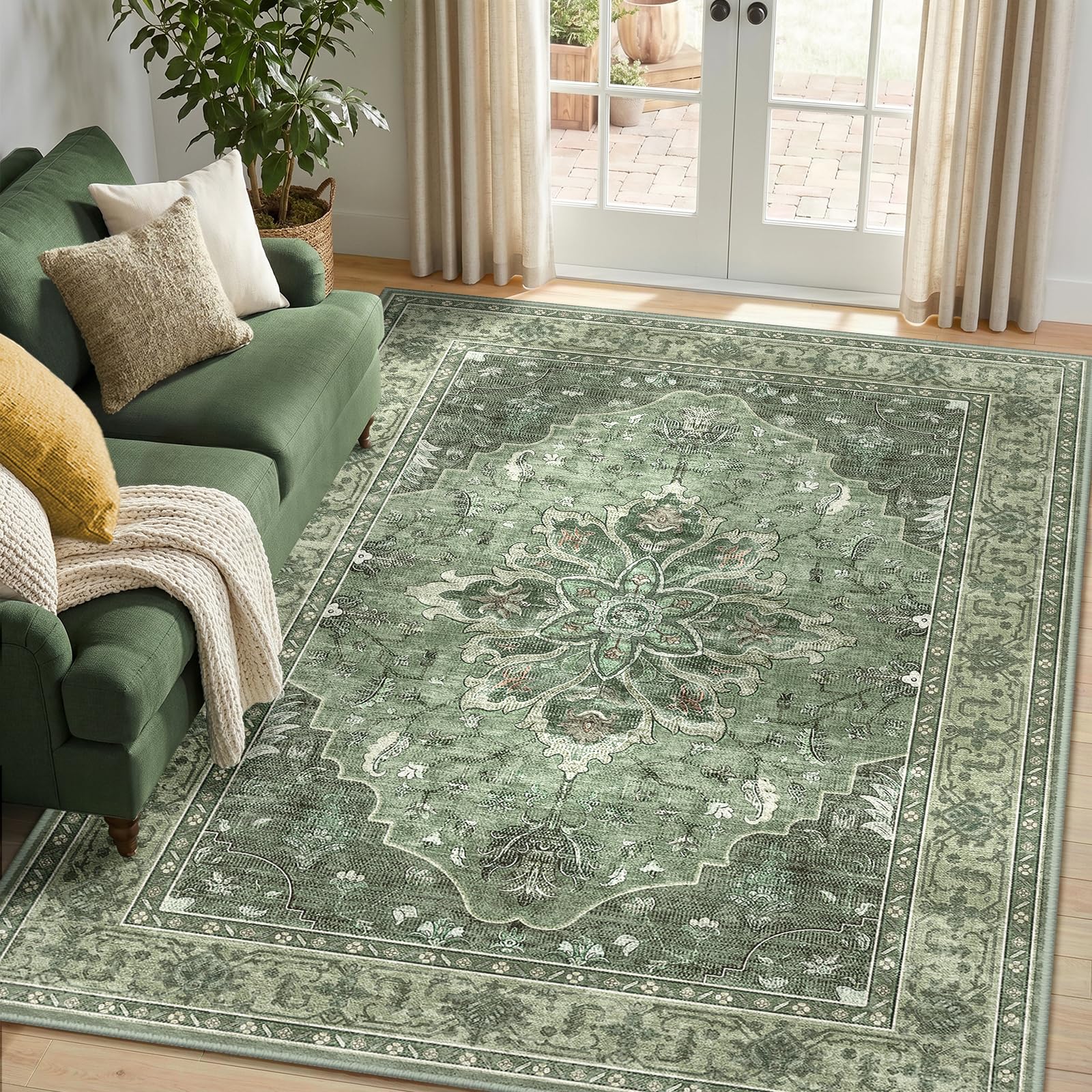 RELEANY Washable Area Rug, 5'x8', Green/Dark Green/Gray