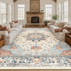 Area Rugs 10'x14' Washable Non-Slip, Floral Vintage Distress Print Pattern Medallion Carpet for Living Room Bedroom Dining Room, Beige Navy Blue Orange Colorful