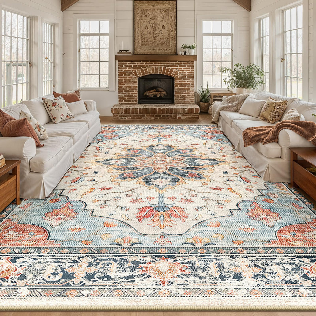RELEANY Washable Area Rug, Large 10'x12', Beige/Blue/Orange