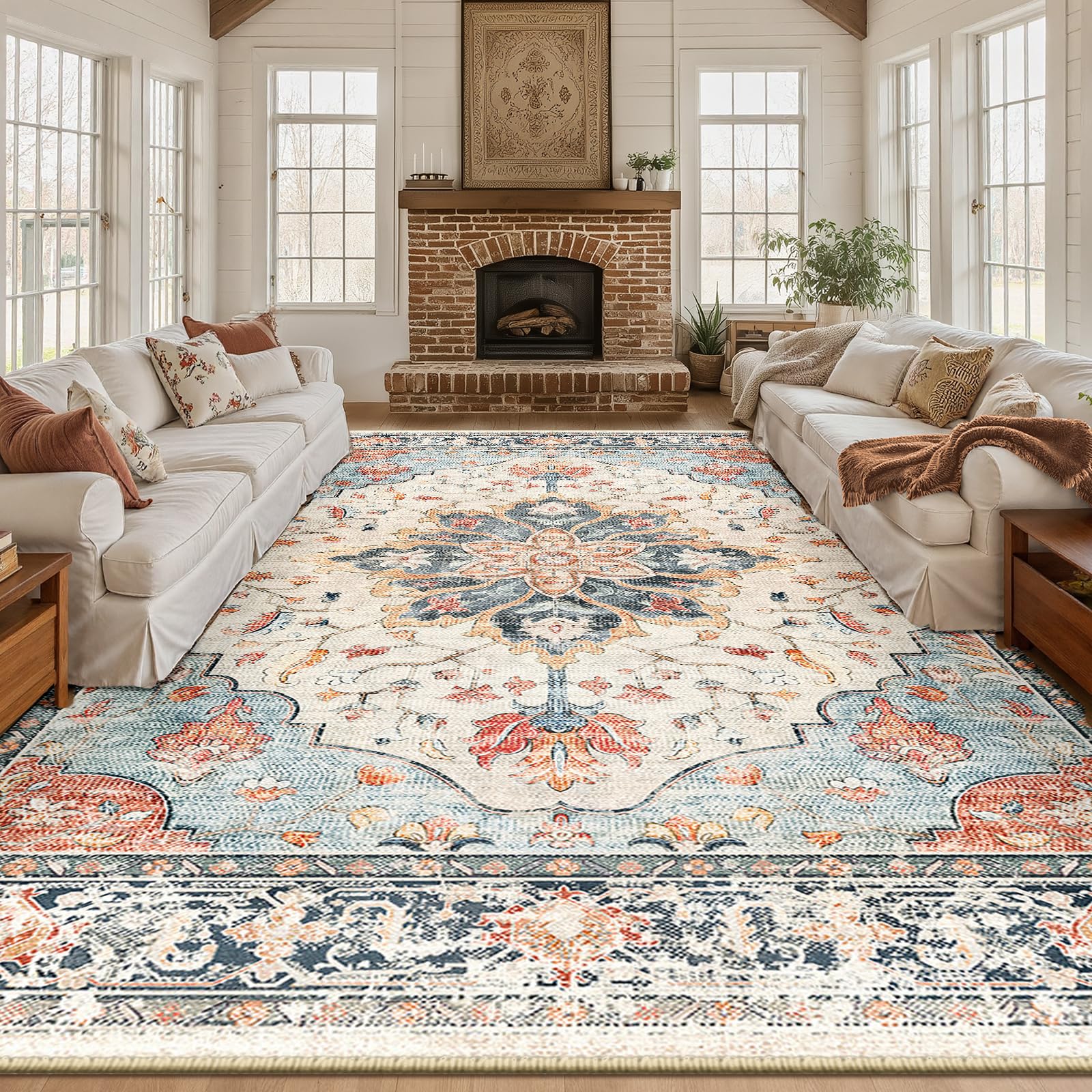 RELEANY Washable Area Rug, Large 10'x12', Beige/Blue/Orange