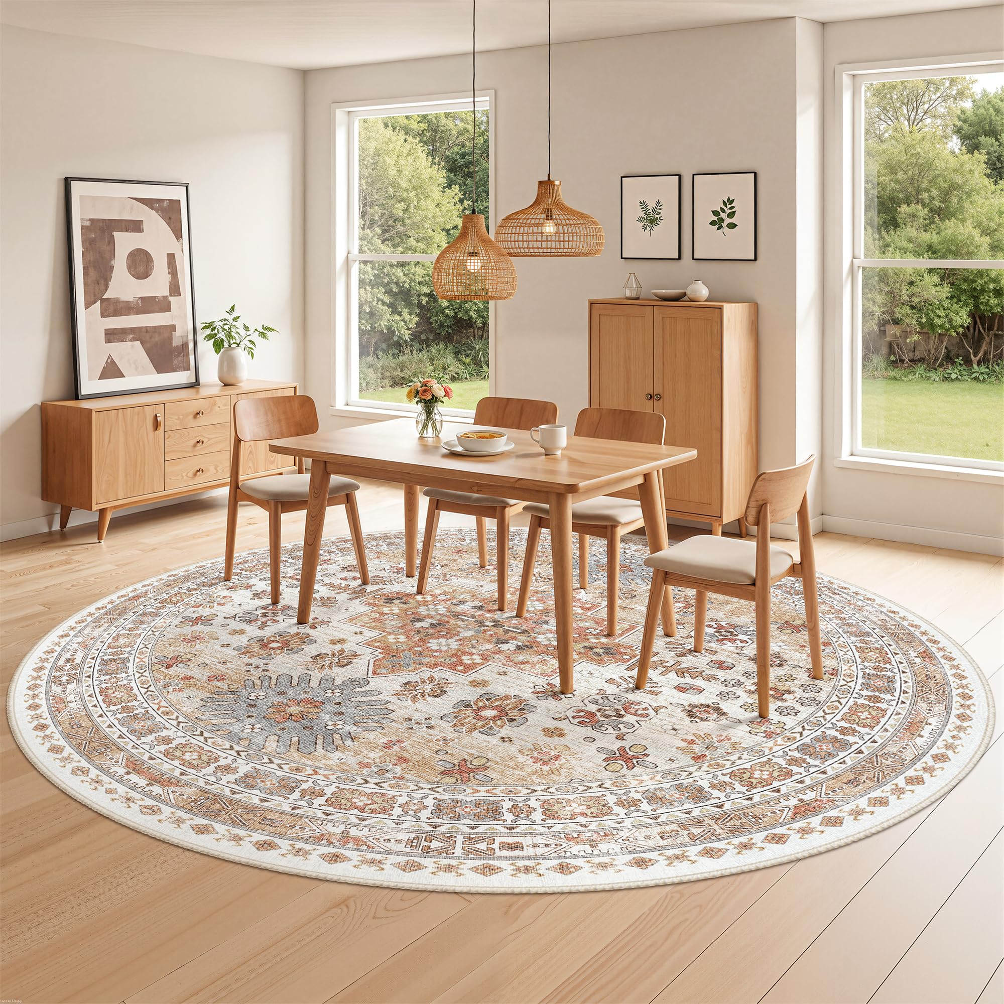 zesthome Round Rug 8ft,Circle Rug for Dining Room Table,Orange