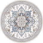OPPODREAM Soft Round Rug 4ft, Neutral Washable Circle Rug 4ft with Non Slip Backing Play Room, Low-Pile Carpet 4 ft, Small Faux Cashmere Throw Carpet, Cream White & Blue & Light Brown
