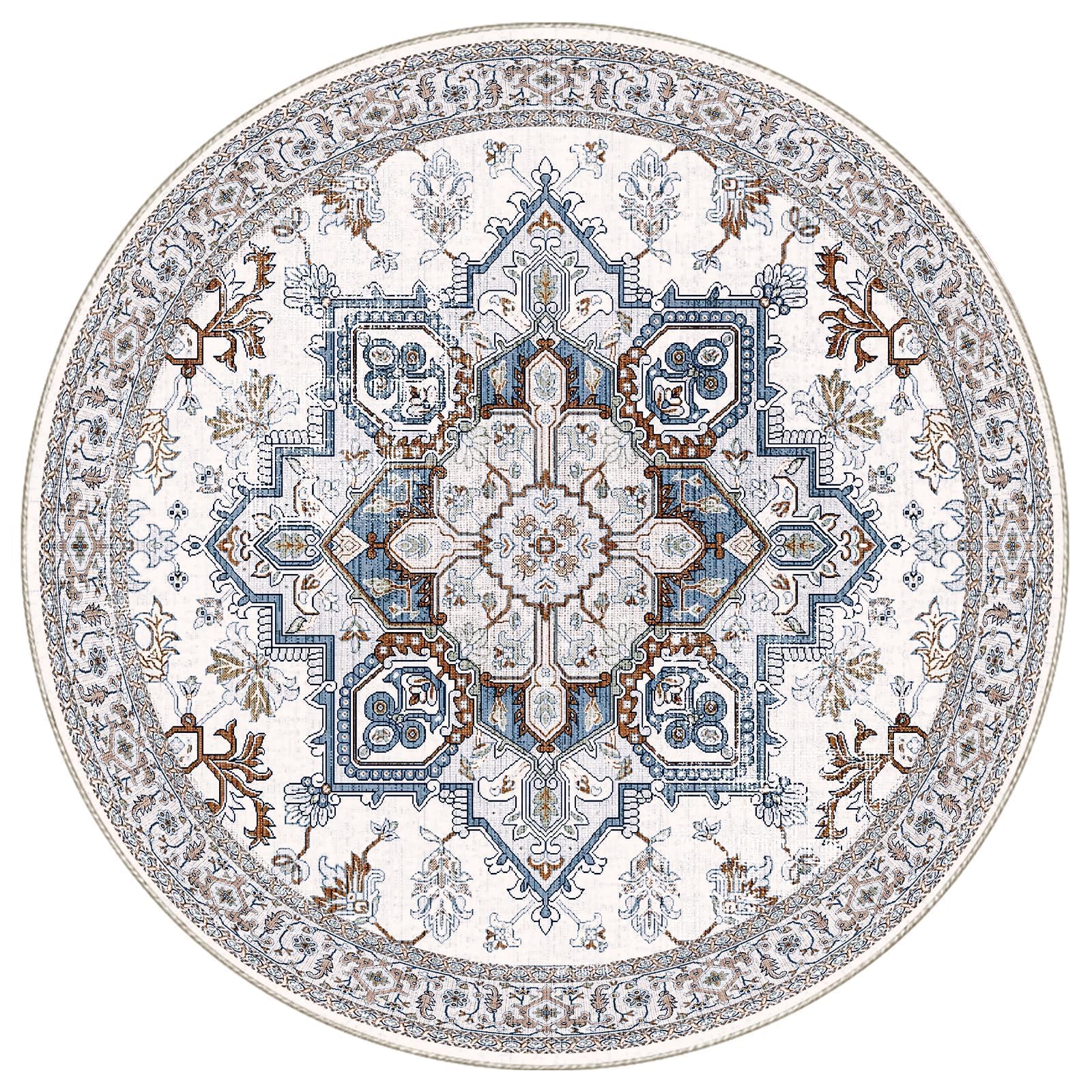 OPPODREAM Soft Area Rugs 3', Persian-Inspired Washable Rug, Cream White & Blue